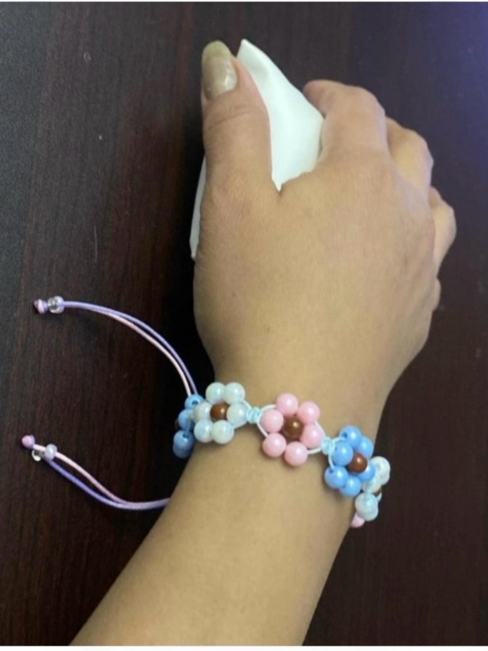 Handmade Flower macrame knotted Bracelet - Pastel Pink, Blue & White